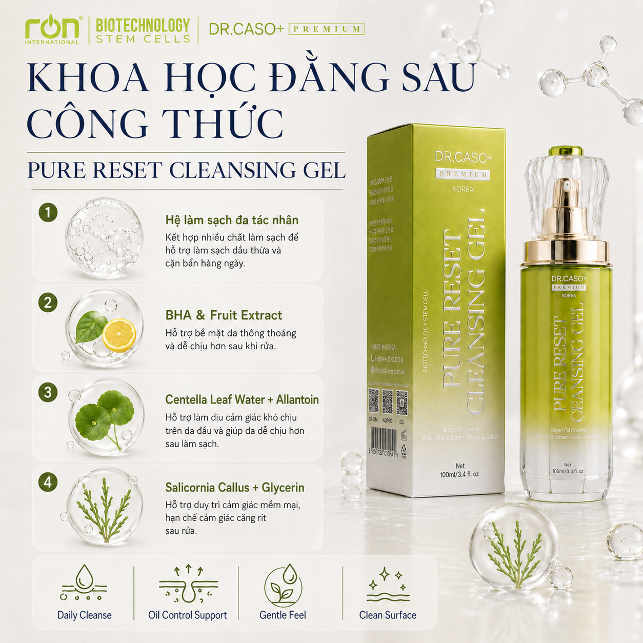 DR.CASO+ PREMIUM PURE RESET CLEANSING GEL/Gel Làm Sạch Dịu Nhẹ BHA &amp; Chiết Xuất Thiên Nhiên Cho Da Dầu – Hỗn Hợp